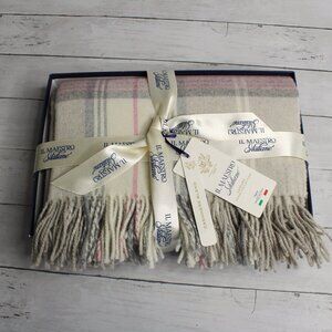 IL Maestro Cashmere Wool Plaid Throw Blanket Made in Italy Cream Pink Gray Beige